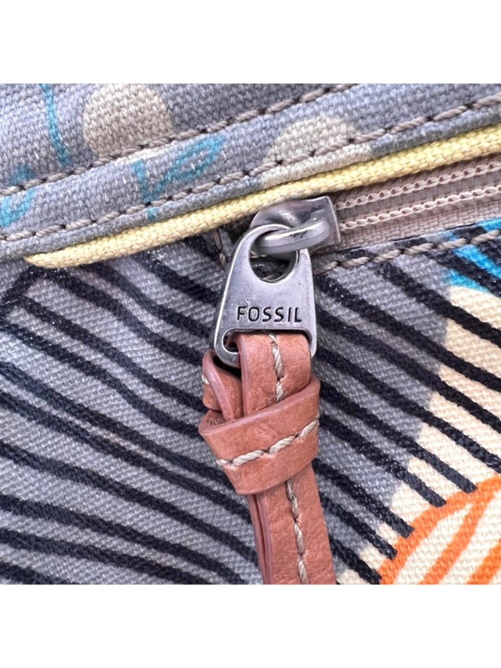 Fossil Key-Per Multicolor Coated Canvas Tote Purse Leather Handles Zipper Pocket - Picture 5 of 16